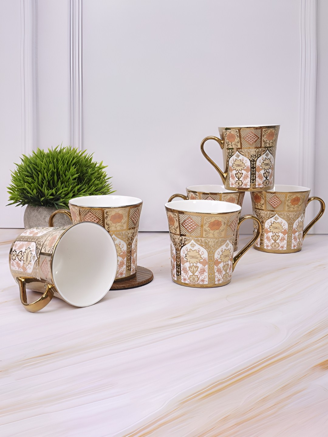 

UPC White & Gold-Toned 6 Pieces Printed Ceramic Glossy Cups 220 ml