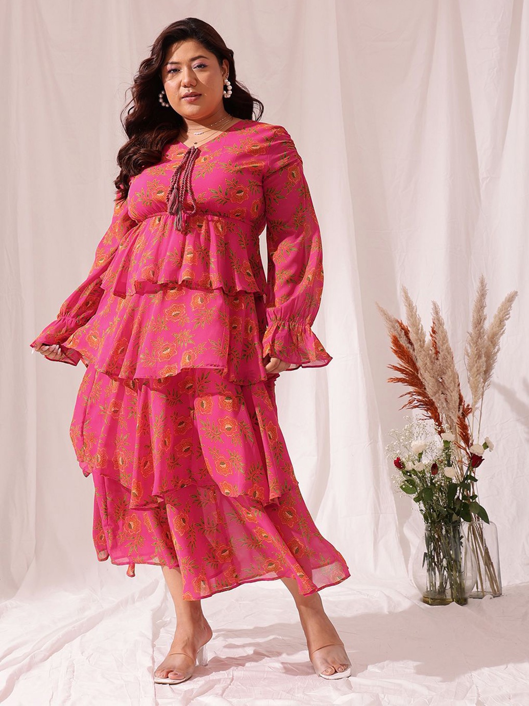 

CURVY STREET Plus Size Floral Printed Chiffon Frill Maxi Dress, Pink