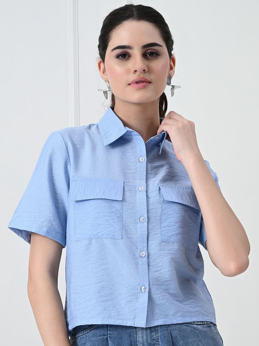 

PANDORNA Women Spread Collar Solid Cotton Casual Shirt, Blue