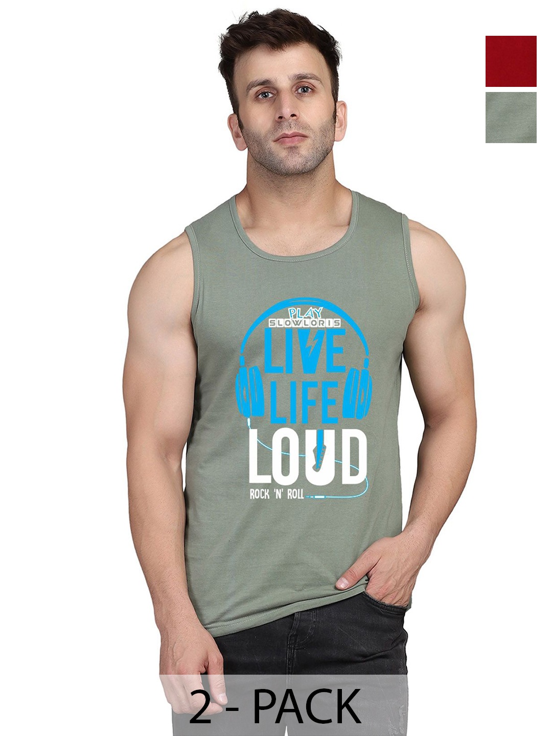 

SLOWLORIS Men Pack Of 2 Typography Printed Round Neck Cotton Slim Fit T-Shirts, Green