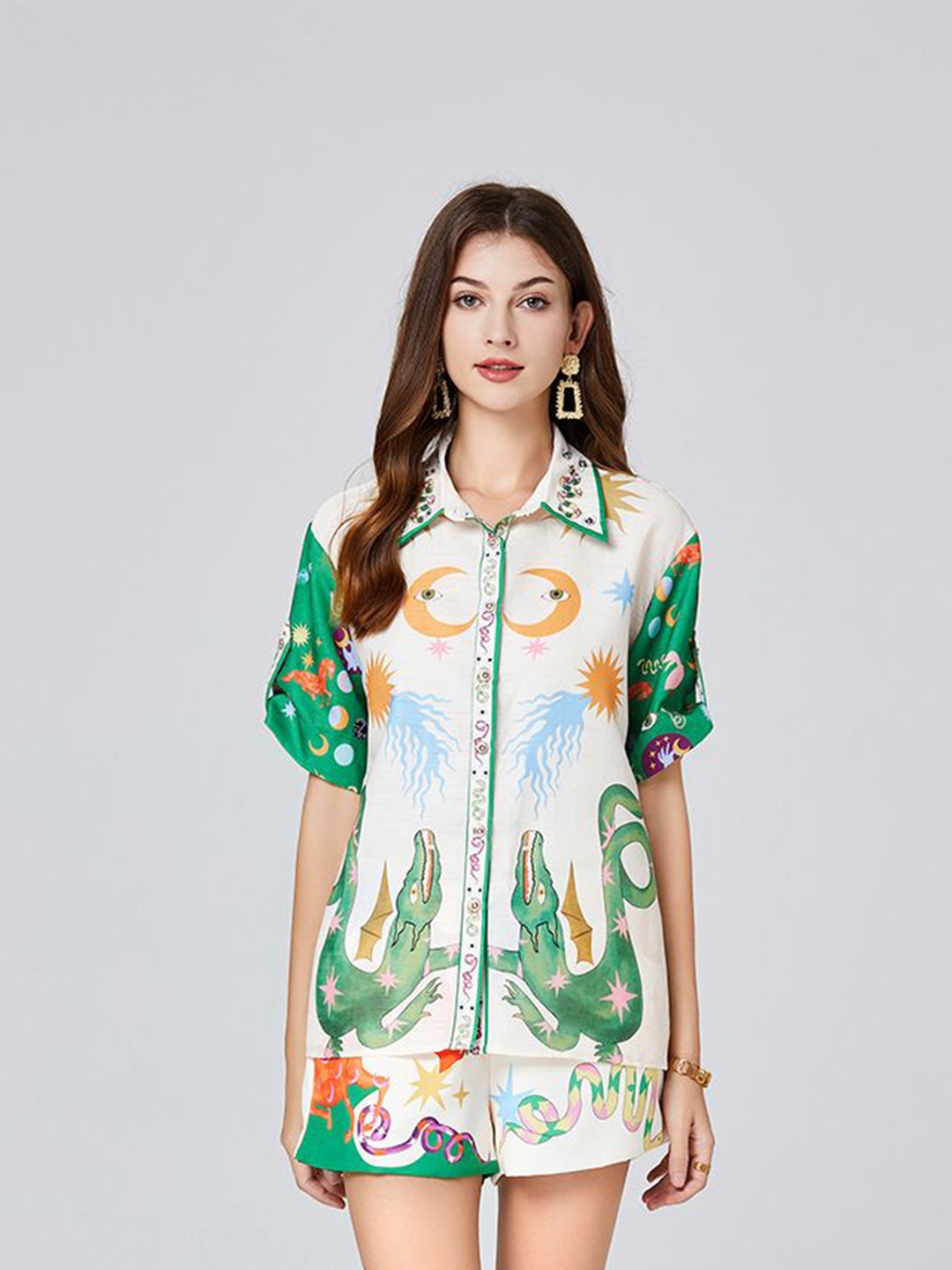 

JC Collection Graphic Printed Roll-Up Sleeves Casual Shirt With Shorts, Green