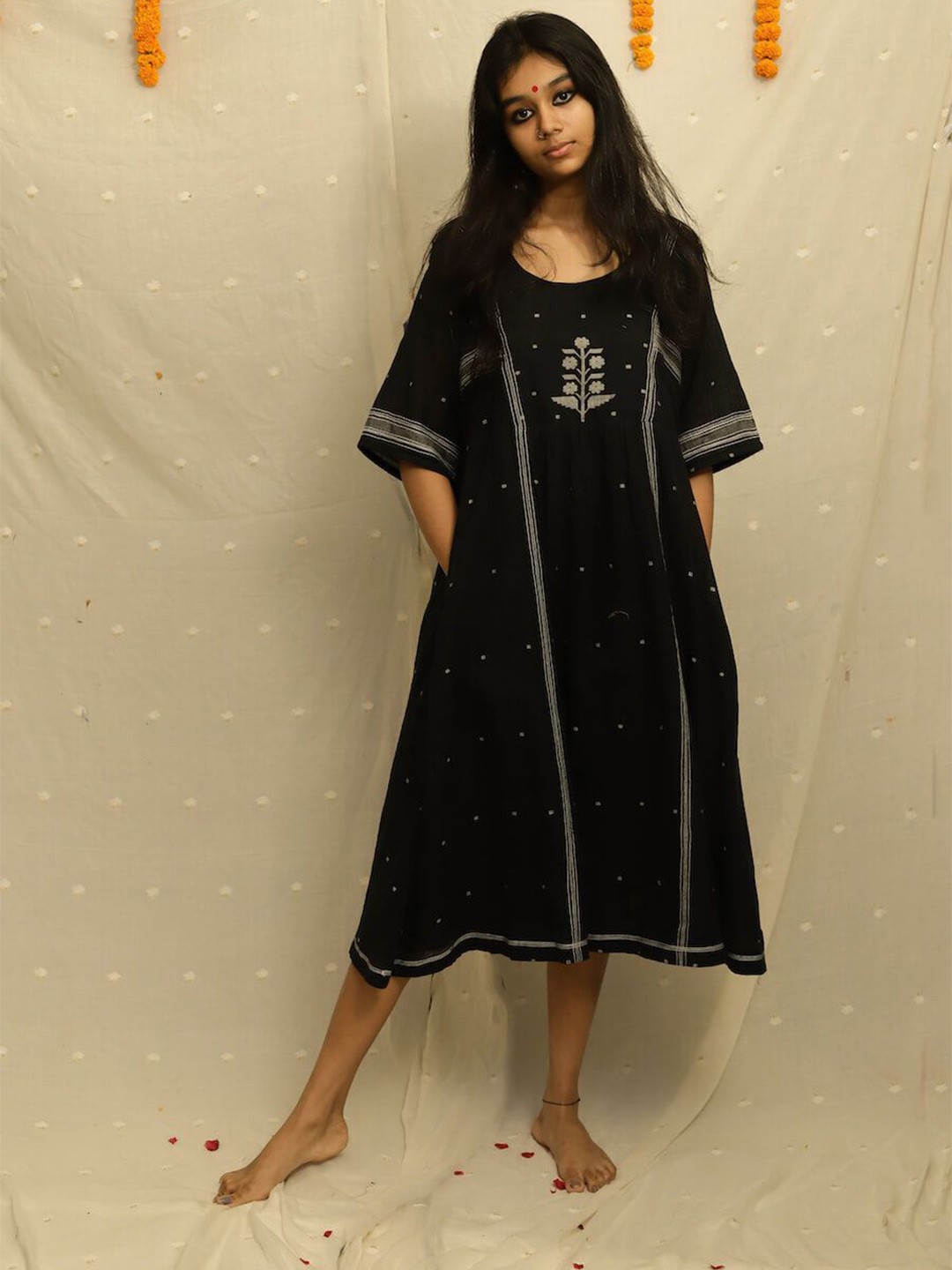 

Bhomra Printed Cotton A-Line Midi Ethnic Dress, Black