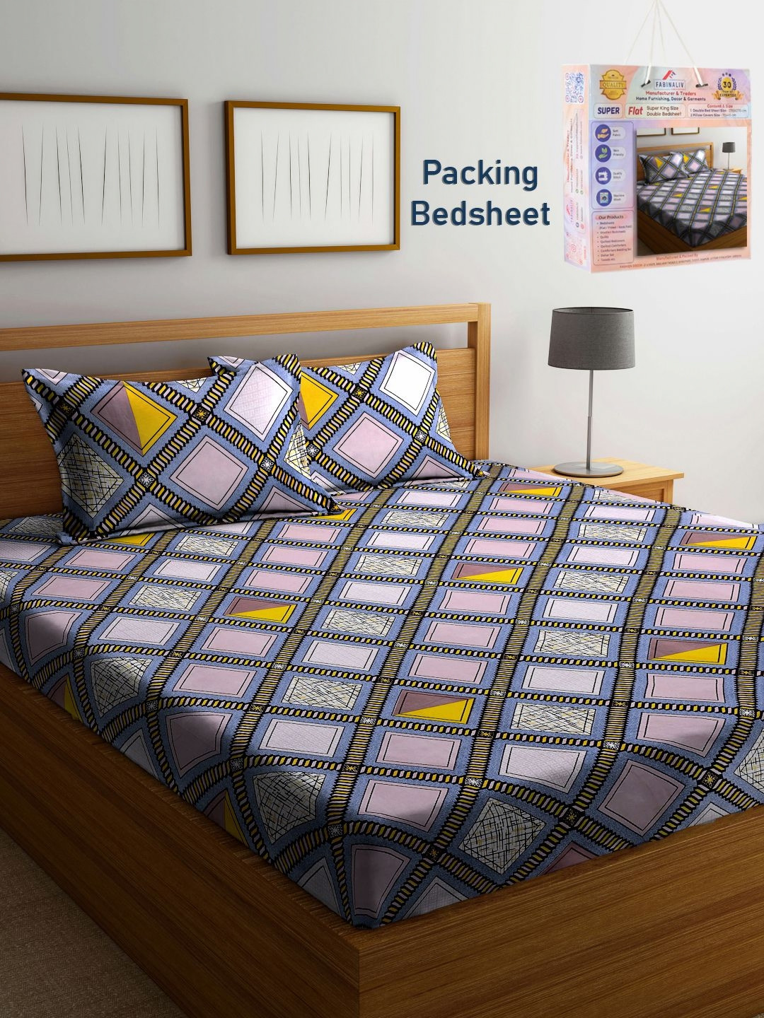

FABINALIV Violet & Blue Geometric 300 TC King Bedsheet With 2 Pillow Covers
