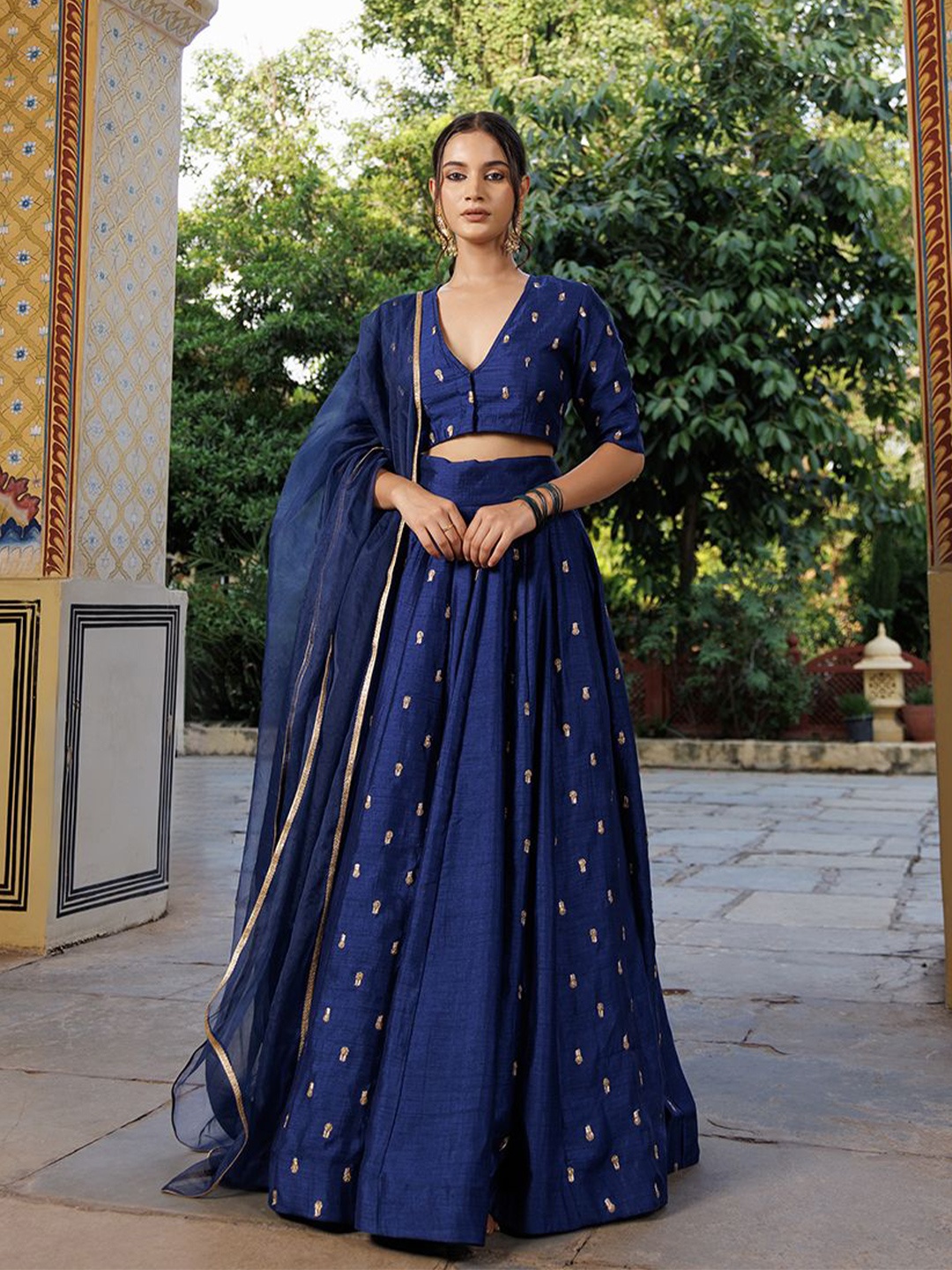 

Ragavi Embroidered Thread Work Ready to Wear Lehenga With Choli & Dupatta, Blue