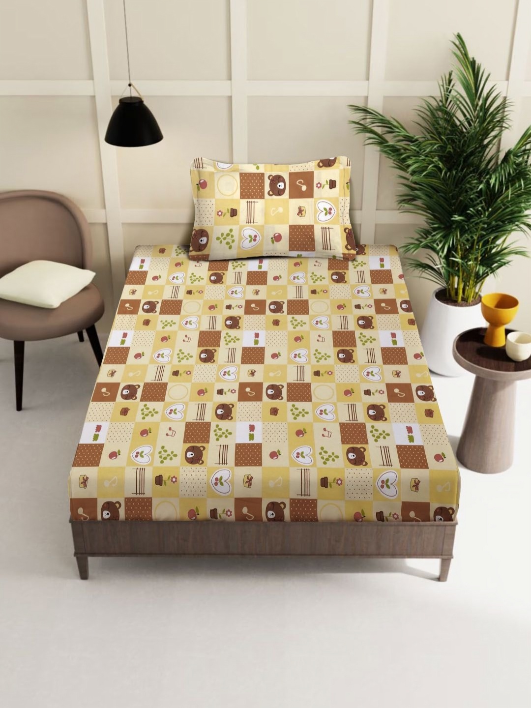 

KLOTTHE Yellow & Brown Printed 400 TC Pure Cotton Fitted Single Bedsheet & 1 Pillow Covers