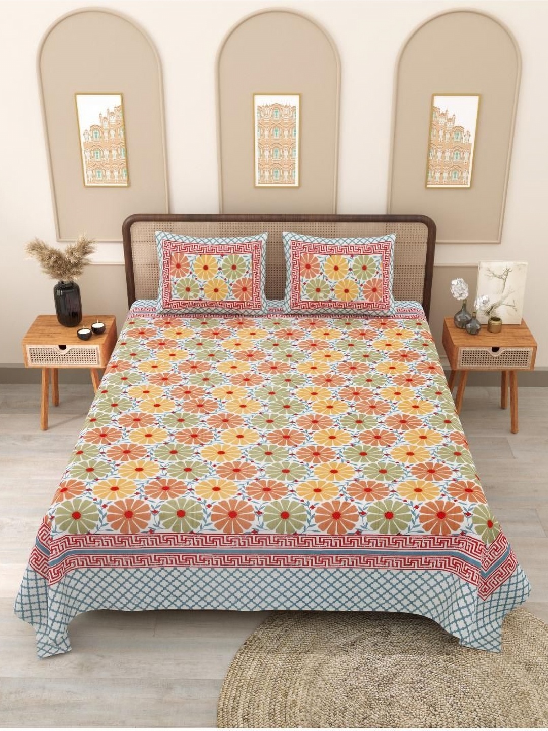 

Block Print Story Red & Green Floral 210 TC Queen Bedsheet with 2 Pillow Covers