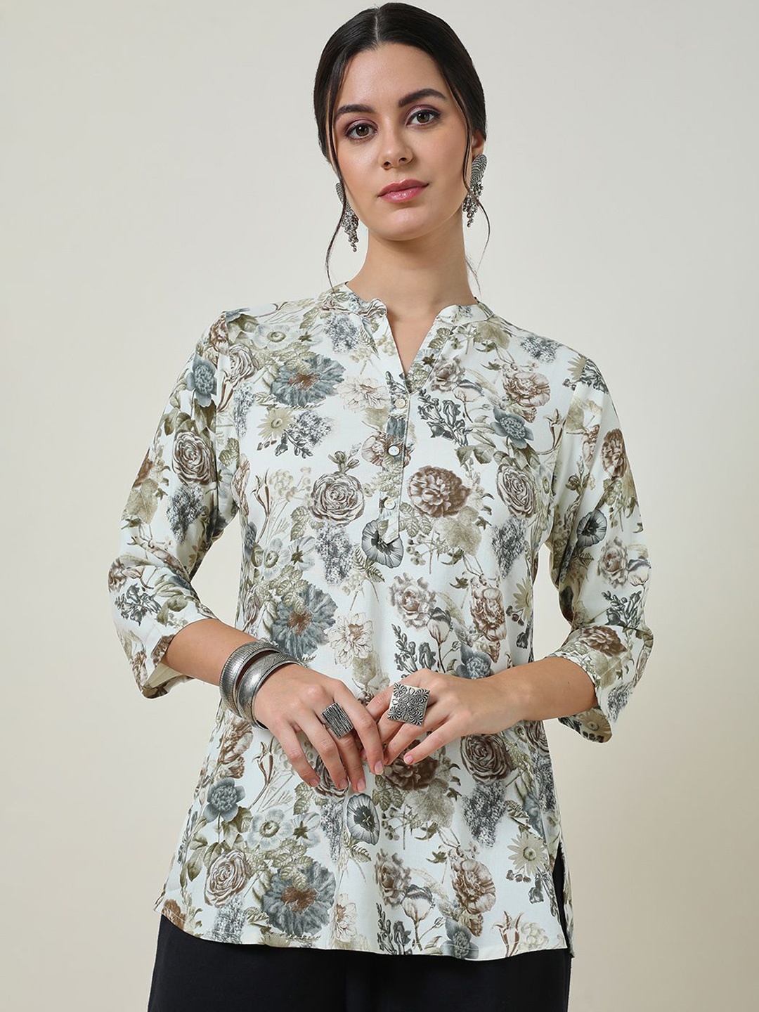 

Soch Mandarin Collar Printed Tunic, Off white