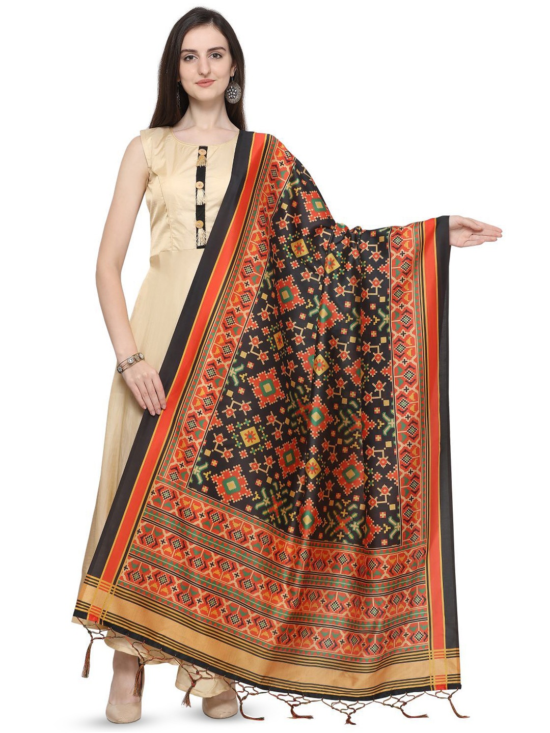 

Kaizen TEXO FAB Ethnic Motifs Printed Assam Silk Dupatta, Black