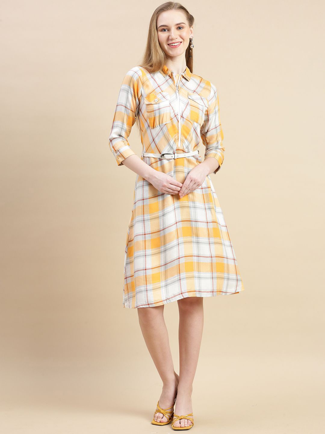 

GRANTH FASHION Checked Jacquard Shirt Midi Dress, Yellow