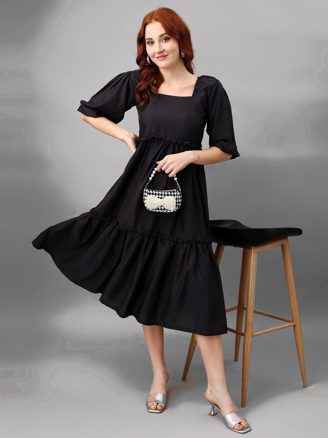 

Femvy Puff Sleeve A-Line Midi Dress, Black
