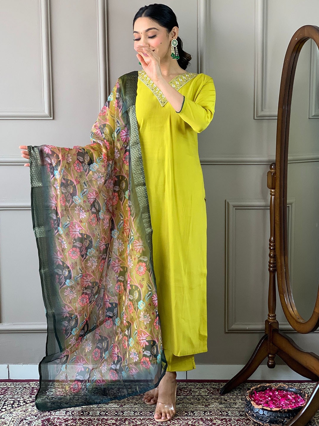 

KALINI Floral Yoke Design Thread Work Chanderi Cotton Kurta with Trousers & Dupatta, Yellow