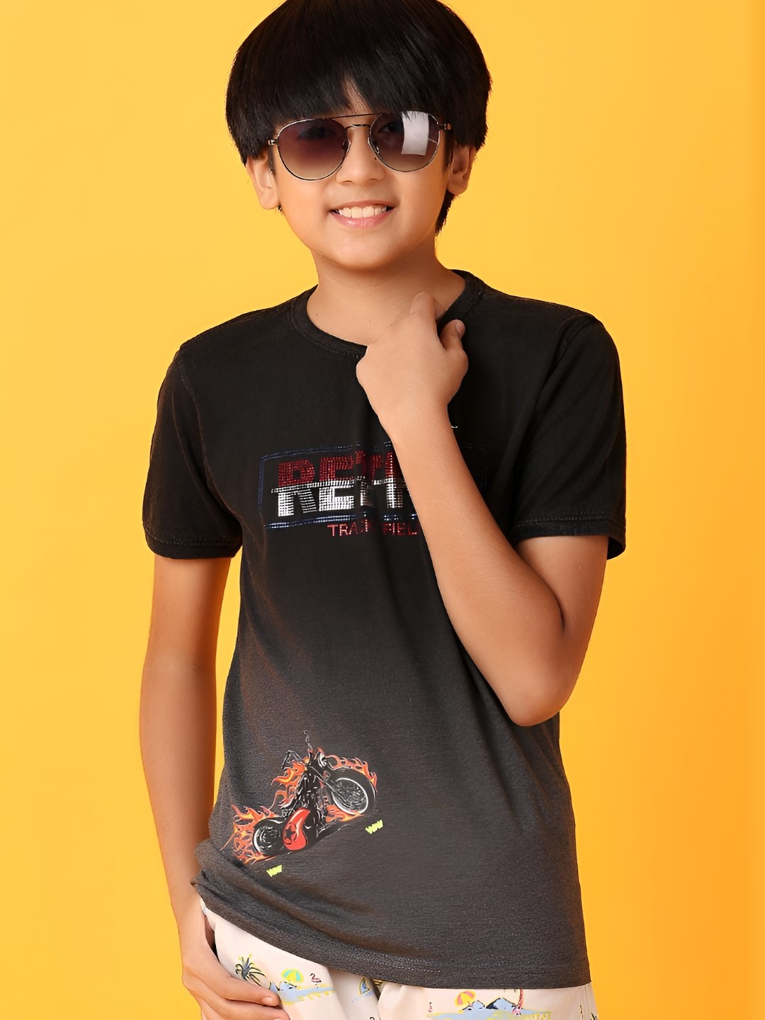 

V-Mart Boys Biker Printed Round Neck Cotton T-Shirt, Black