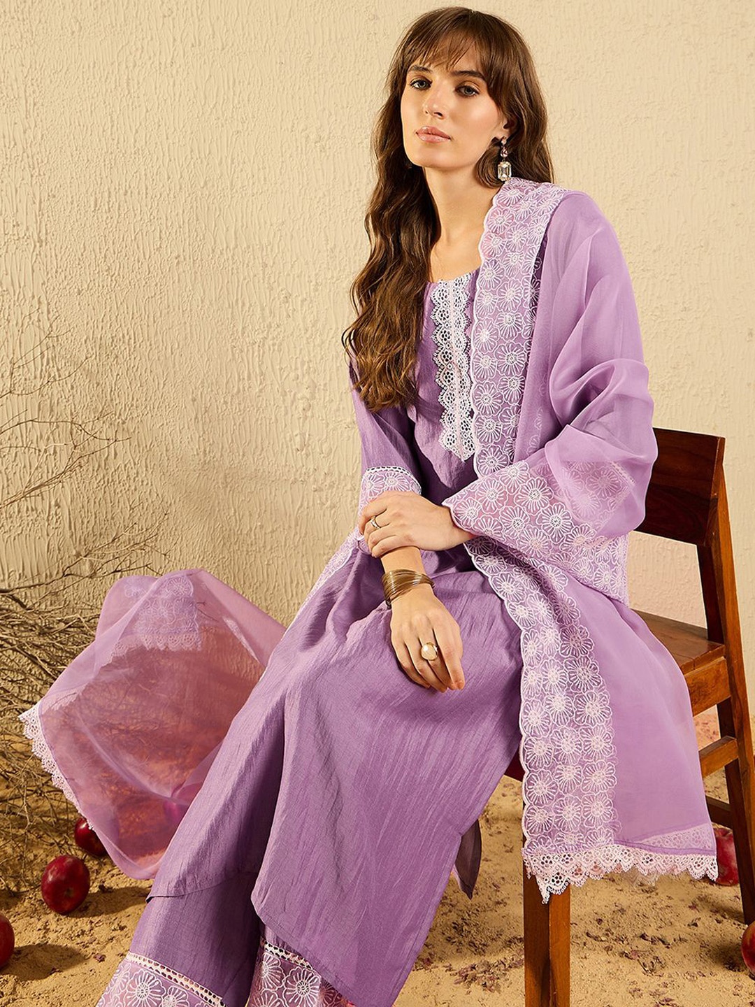 

Indo Era Women Floral Embroidered Regular Thread Work Kurta with Trousers & With Dupatta, Lavender