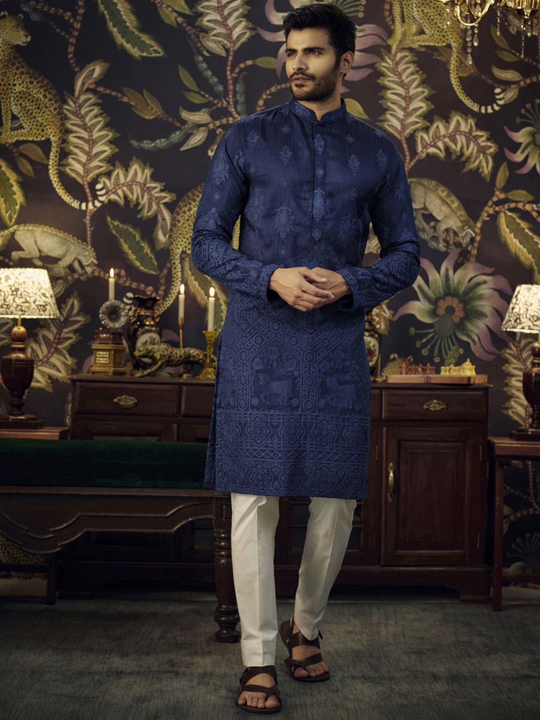 

KASBAH CLOTHING NISHCHAIY SAJDEH Ethnic Motifs Embroidered Straight Kurta, Blue