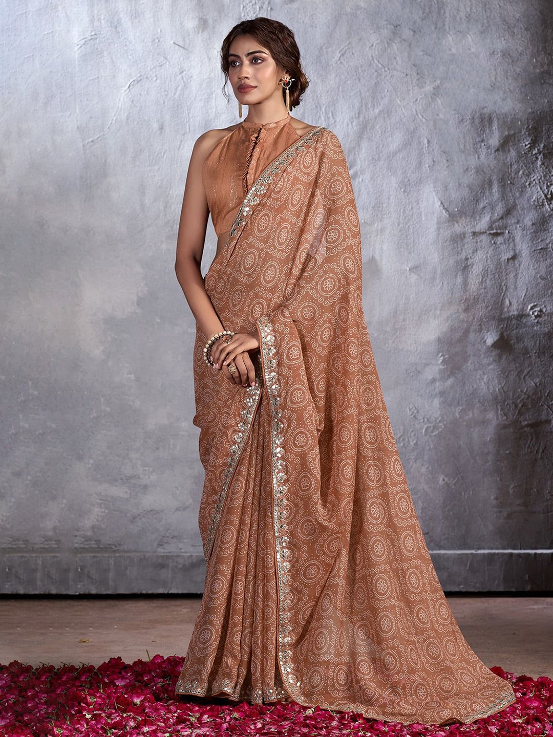 

MySilkLove Bandhani Gotta Patti Pure Georgette Saree, Brown