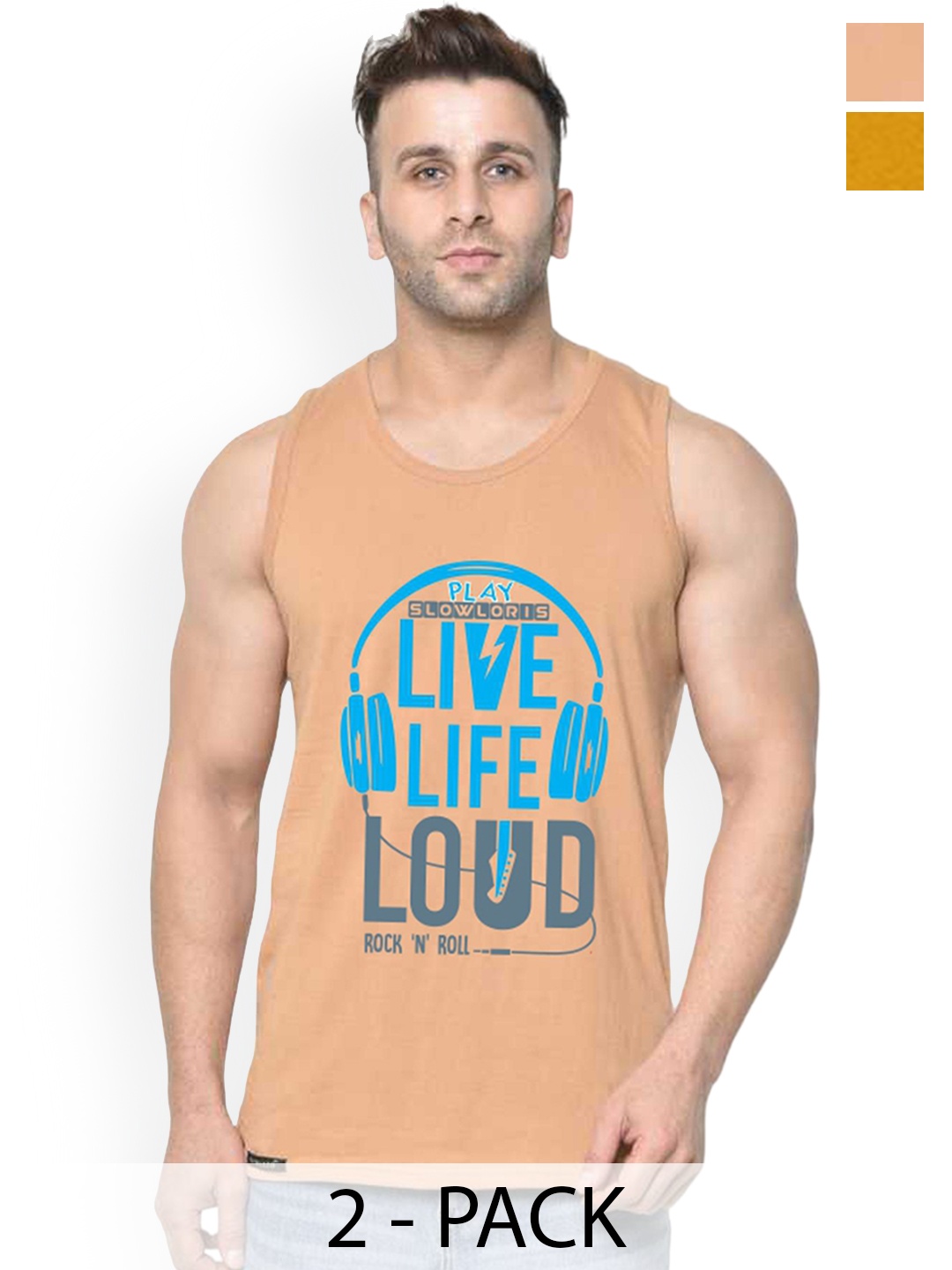 

SLOWLORIS Pack Of 2 Men Printed Innerwear Gym Vests, Mustard