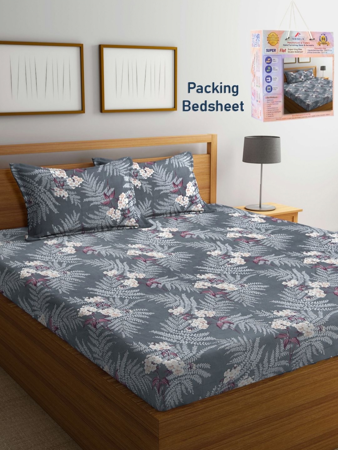 

FABINALIV Grey & Beige Floral 300 TC King Bedsheet with 2 Pillow Covers