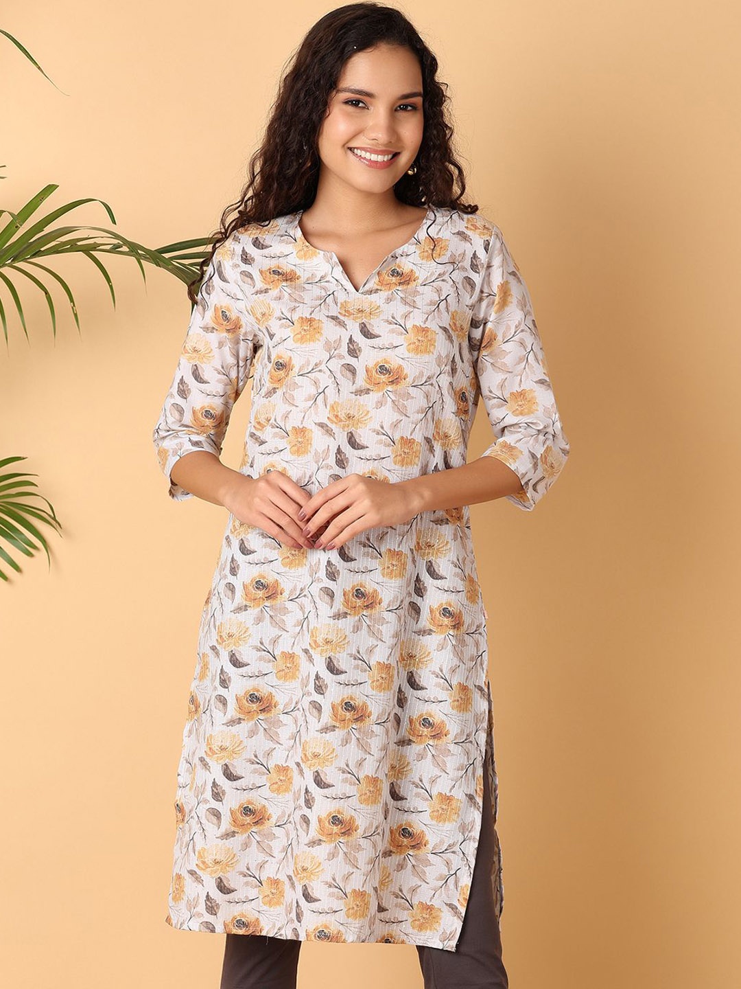 

UNLIMITED Floral Embellished Notch Neck Sequinned Straight Kurta, Off white