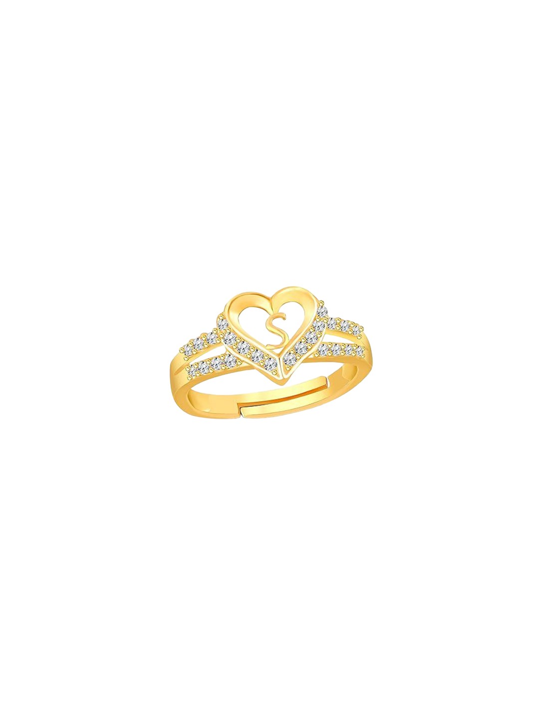 

Lila Gold-Plated Cubic Zirconia-Studded Heart Alphabet S Adjustable Finger Ring