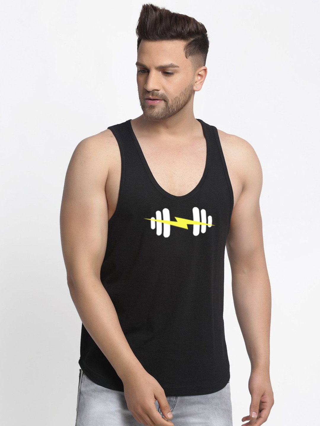 

Friskers Men Printed Round Neck Gym Vests, Black
