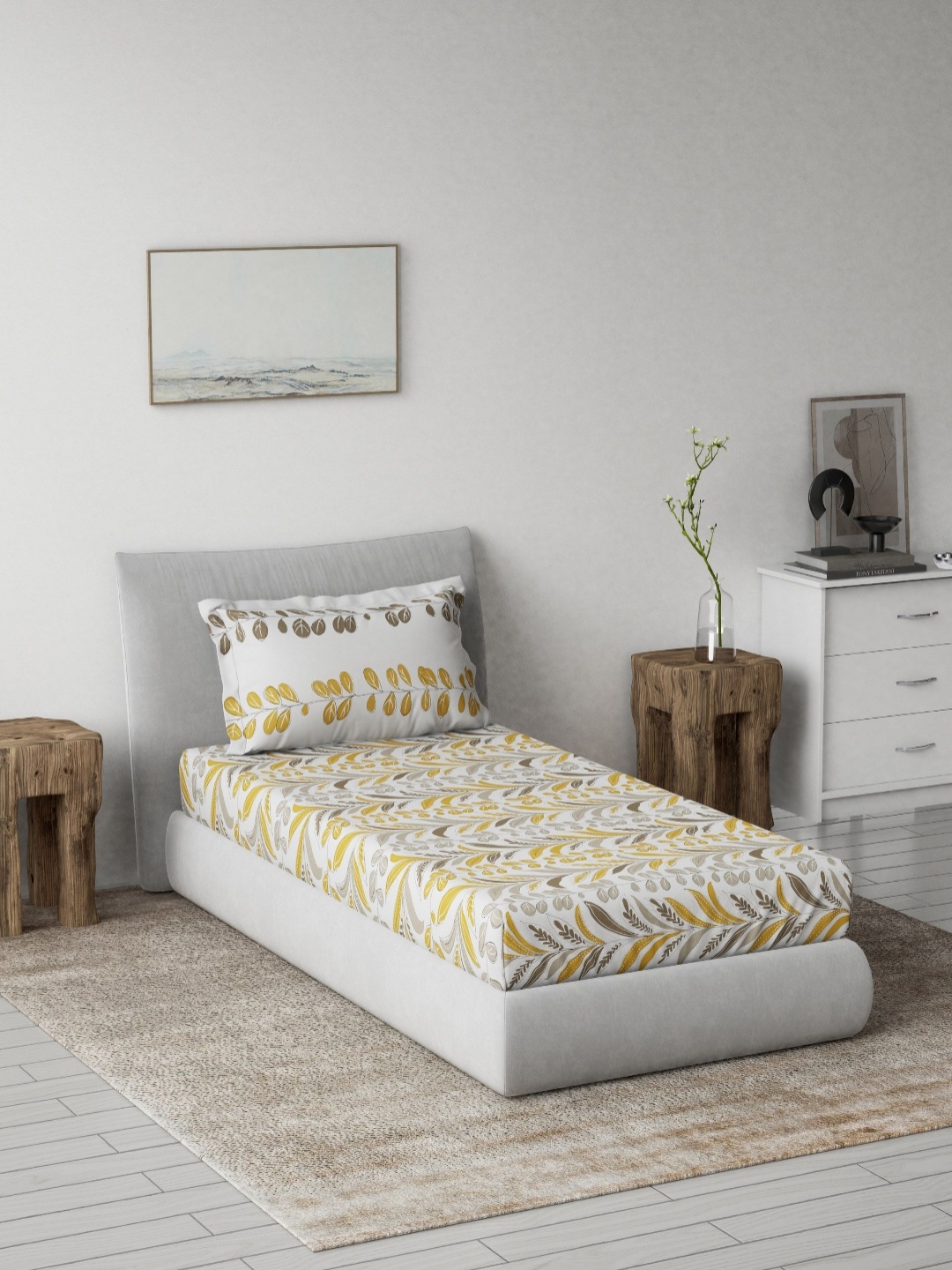 

DDecor Yellow & White Floral 144 TC Pure Cotton Single Bedsheet With 1 Pillow Cover