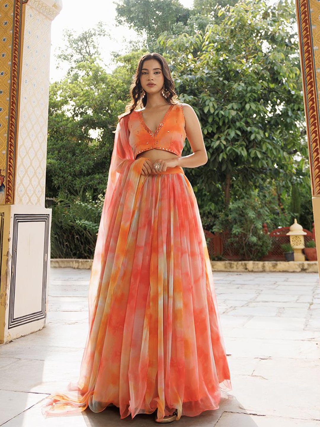 

Ragavi Printed Mirror Work Ready to Wear Lehenga & Blouse With Dupatta, Orange