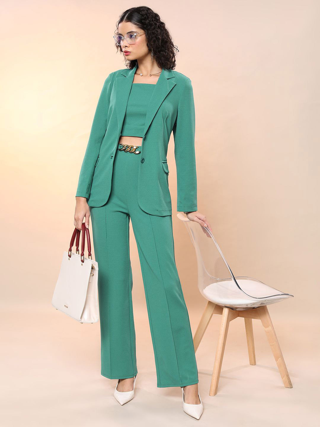 

Tokyo Talkies Crop Top & Trousers With Blazer Co-Ords, Green
