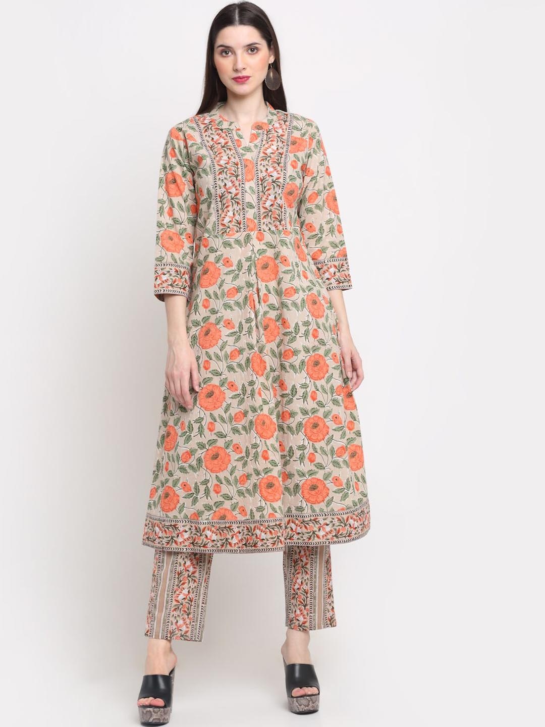 

KALINI Women Floral Printed Sequinned Floral Kurta, Beige