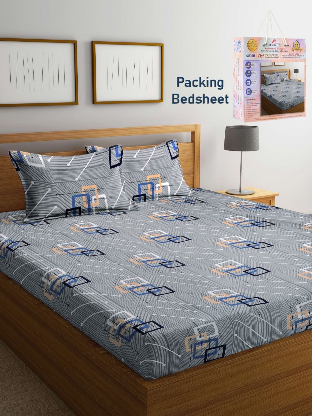 

FABINALIV Grey & Blue Geometric 300 TC King Bedsheet With 2 Pillow Covers