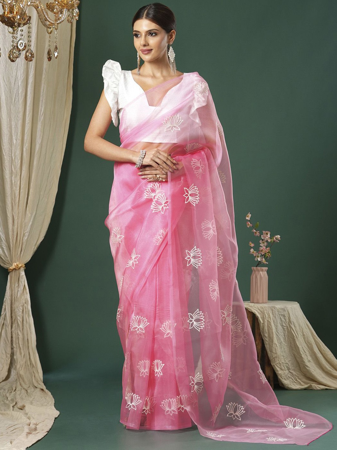 

Saree mall Floral Embroidered Organza Sarees, Pink