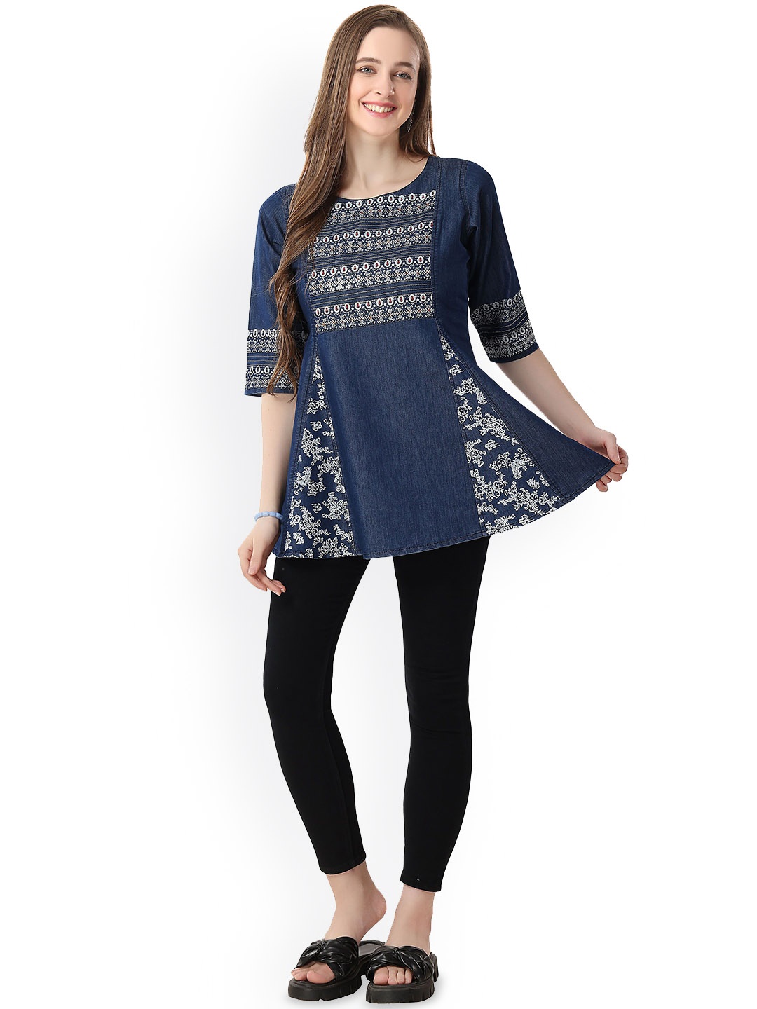 

keshubaba Floral Printed A-Line Denim Kurti, Blue