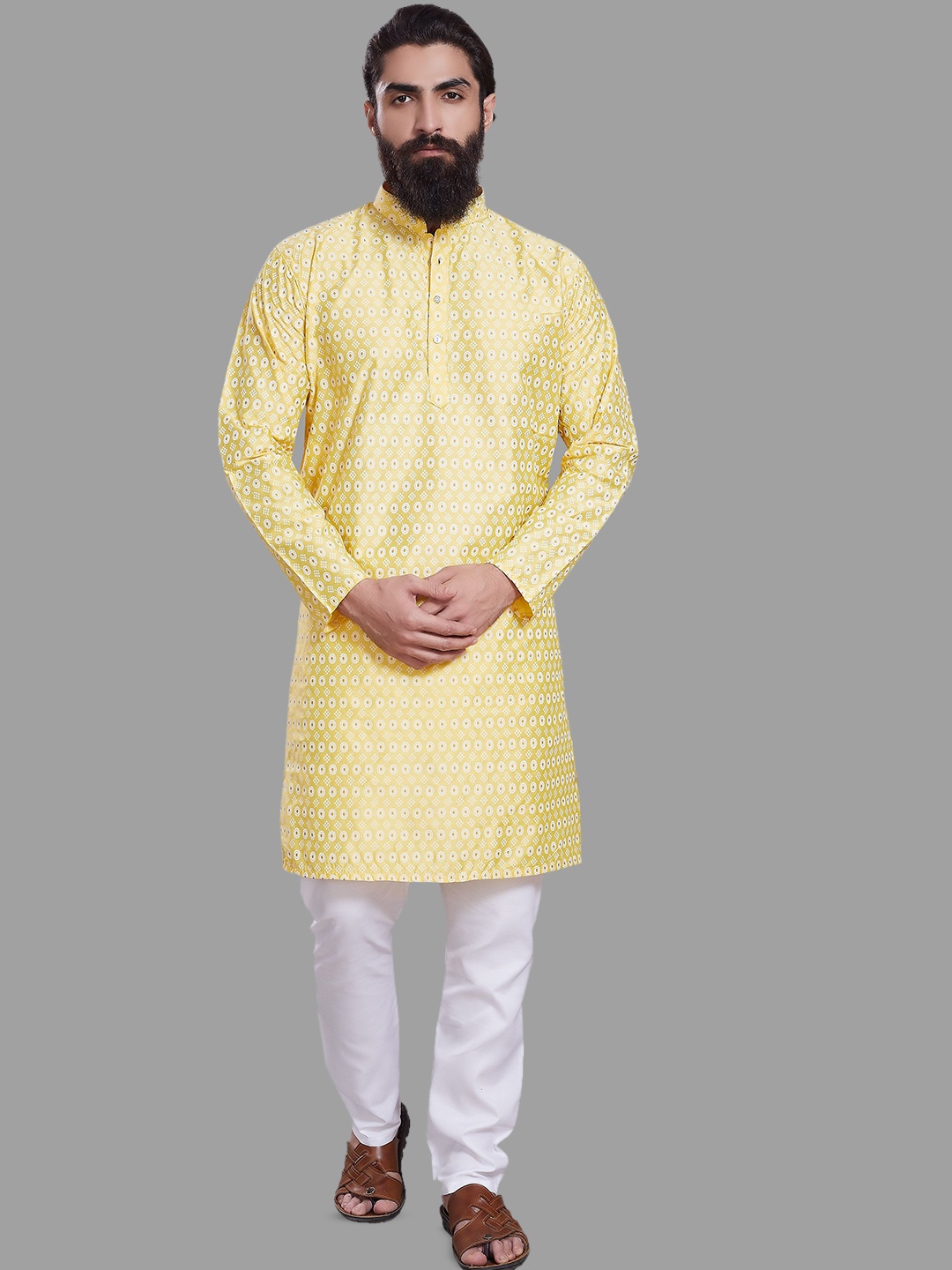 

DIVISIVE Floral Woven Design Band Collar Cotton Silk Straight Kurta, Yellow