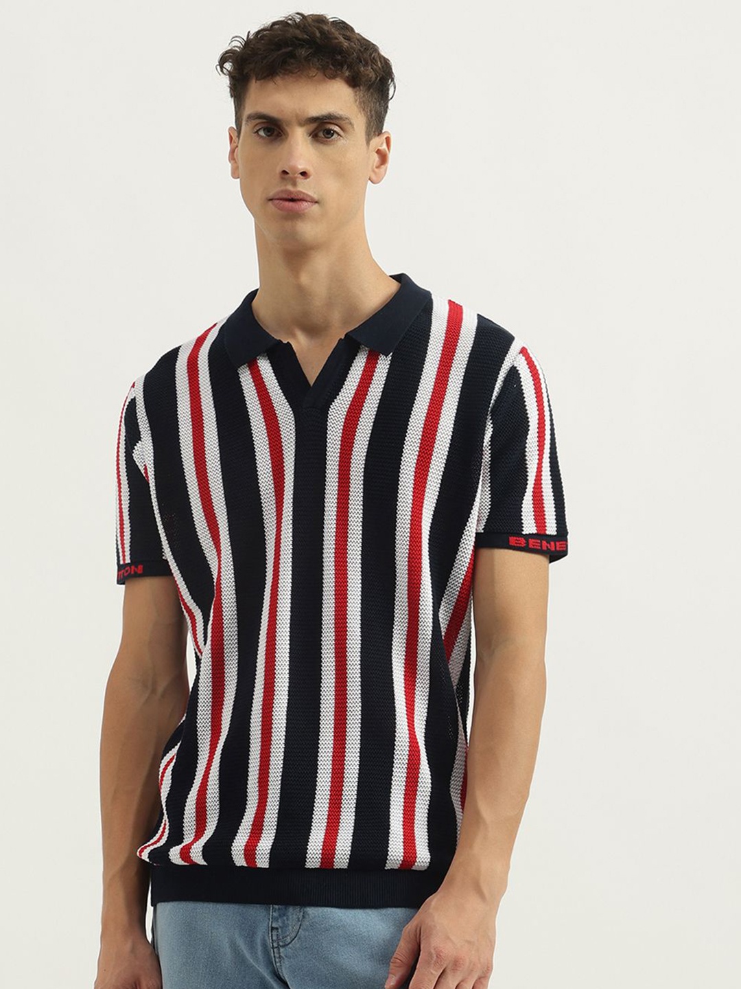 

United Colors of Benetton Men Striped Polo Collar Pure Cotton T-Shirt, Navy blue