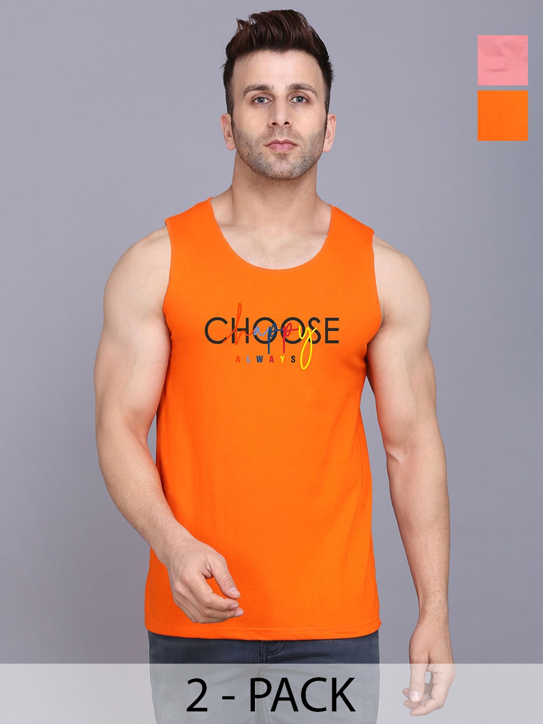 

SLOWLORIS Men Pack Of 2 Typography Printed Round Neck Cotton Slim Fit T-Shirts, Peach