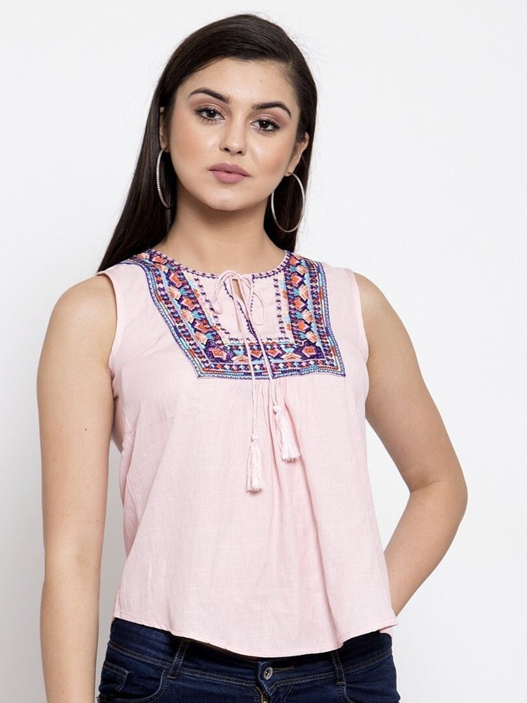 

Global Republic Women Self Design Embroidered Round Neck Top, Pink