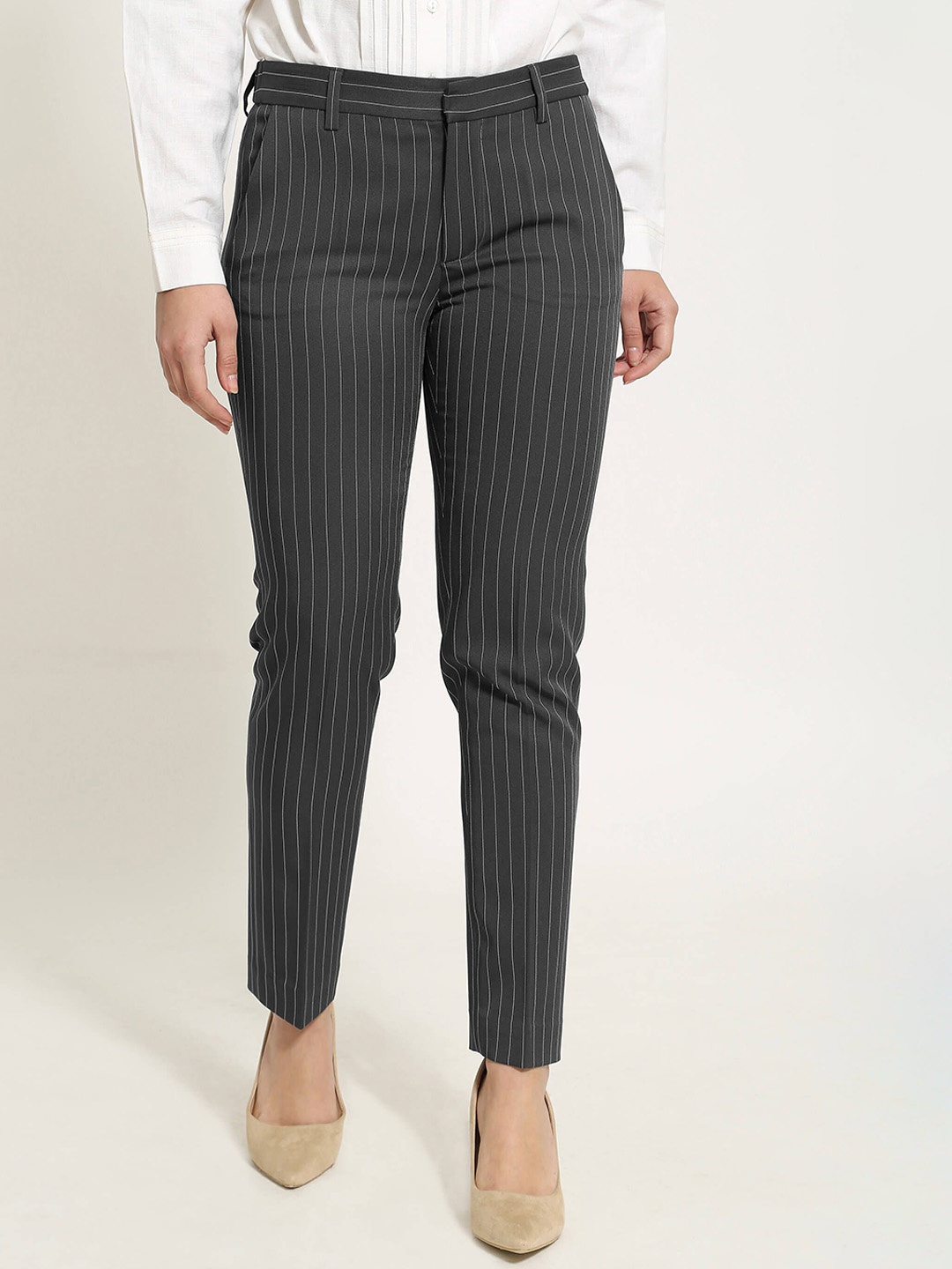 

SALT ATTIRE Women Striped Smart Slim Fit High-Rise Trousers, Blue
