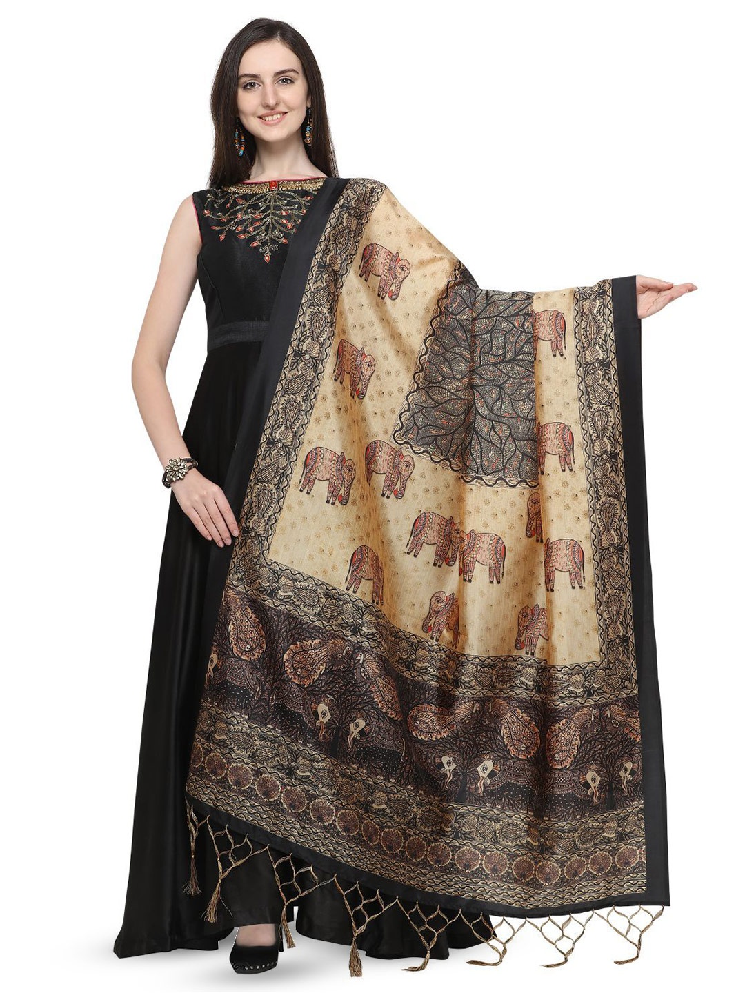 

Kaizen TEXO FAB Ethnic Motifs Printed Assam Silk Dupatta, Black