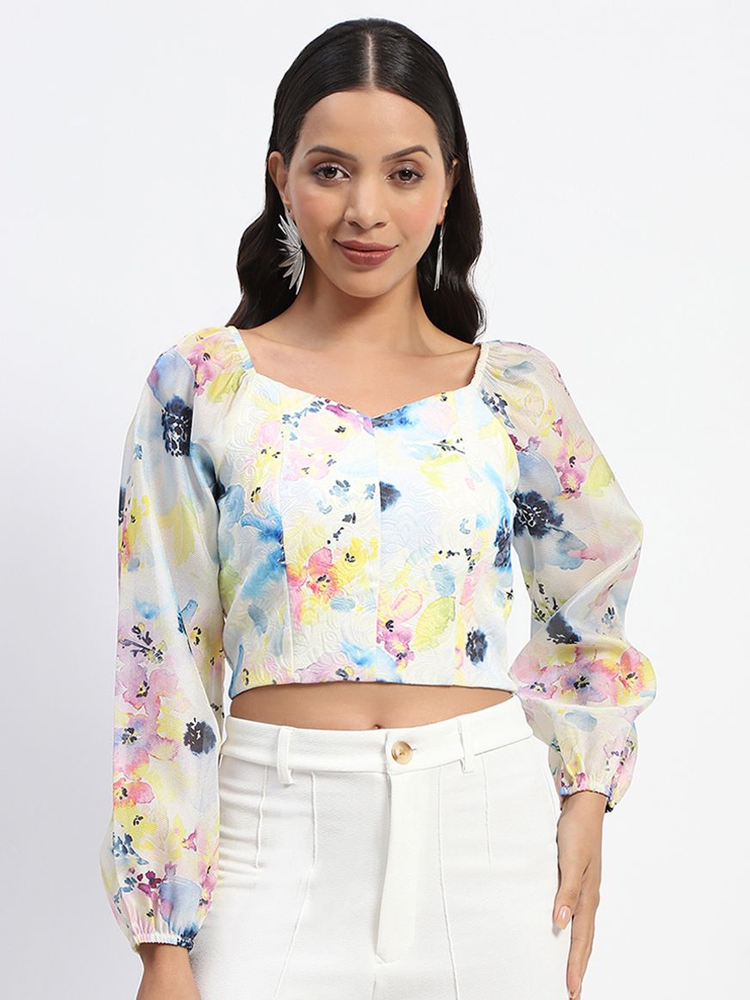 

Madame Women Abstract Printed Sweetheart Neck Top, White