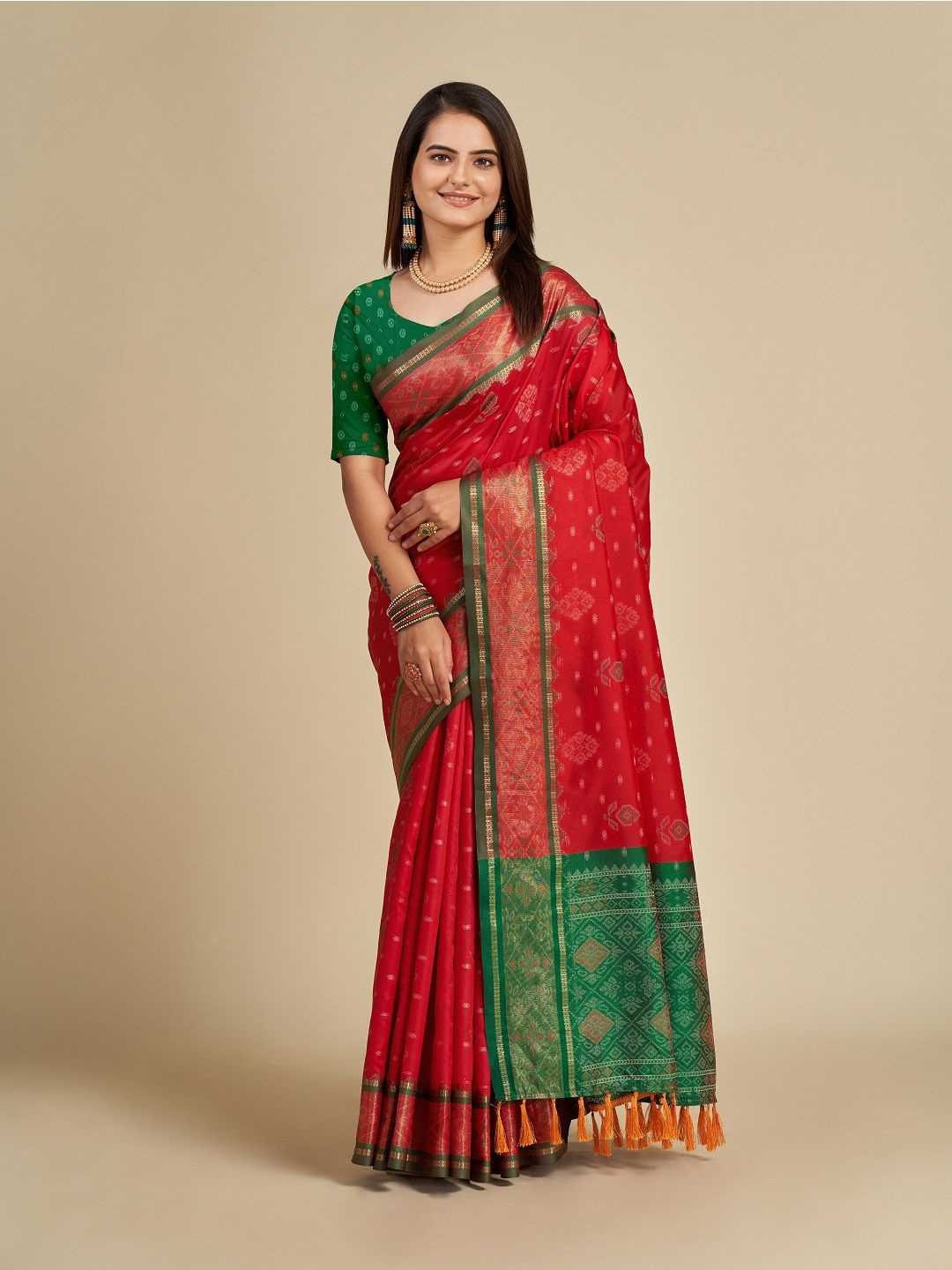 

SHOBHA SAREES Ethnic Motifs Zari Pure Silk Patola Saree, Red