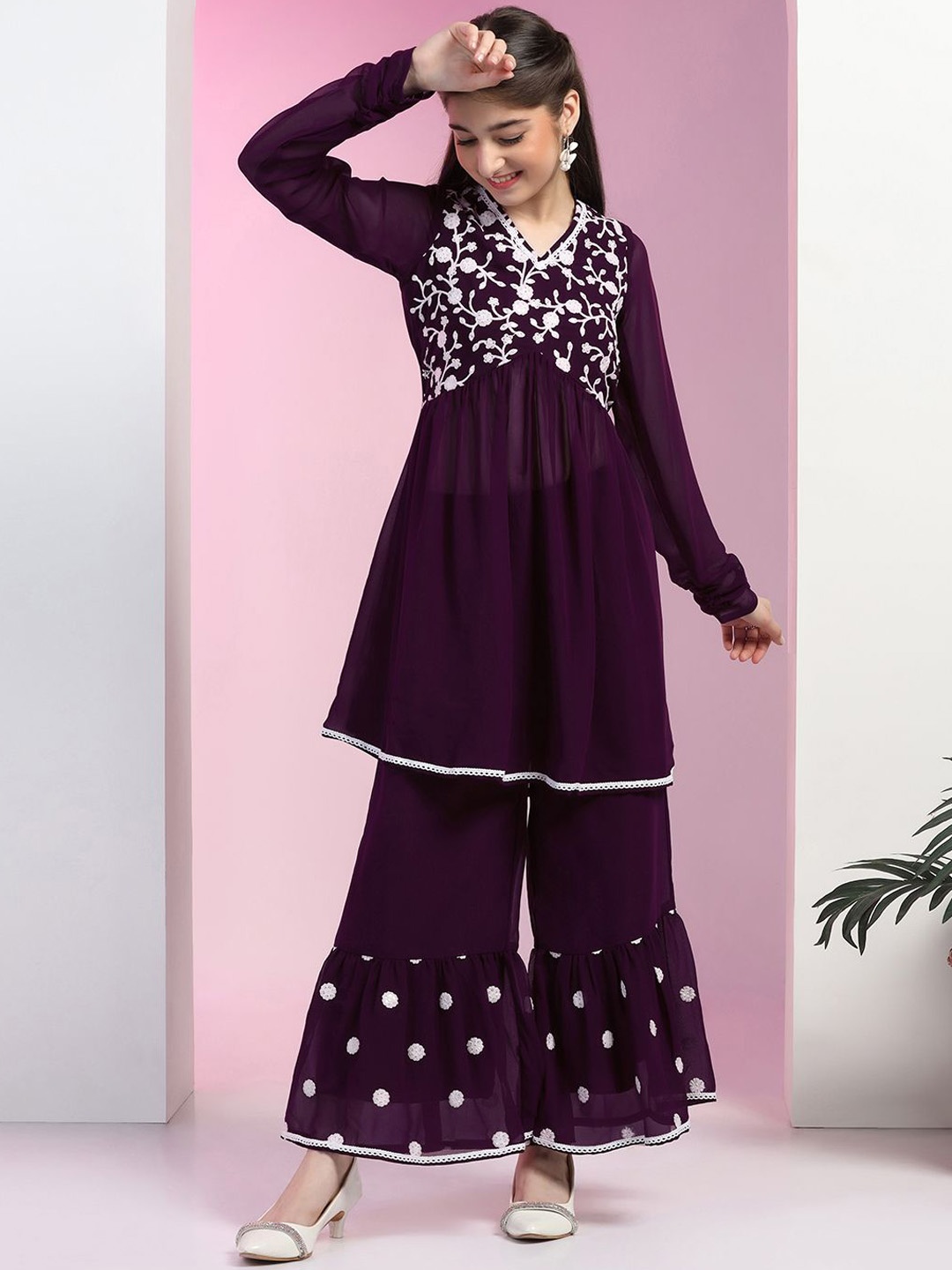 

FASHION DREAM Girls Floral Yoke Design Empire Georgette A-Line Kurta with Sharara, Purple