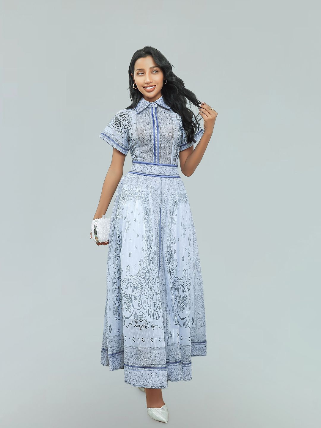 

JC Collection Ethnic Motifs Printed Short Sleeves Casual Shirt With Skirt, Blue