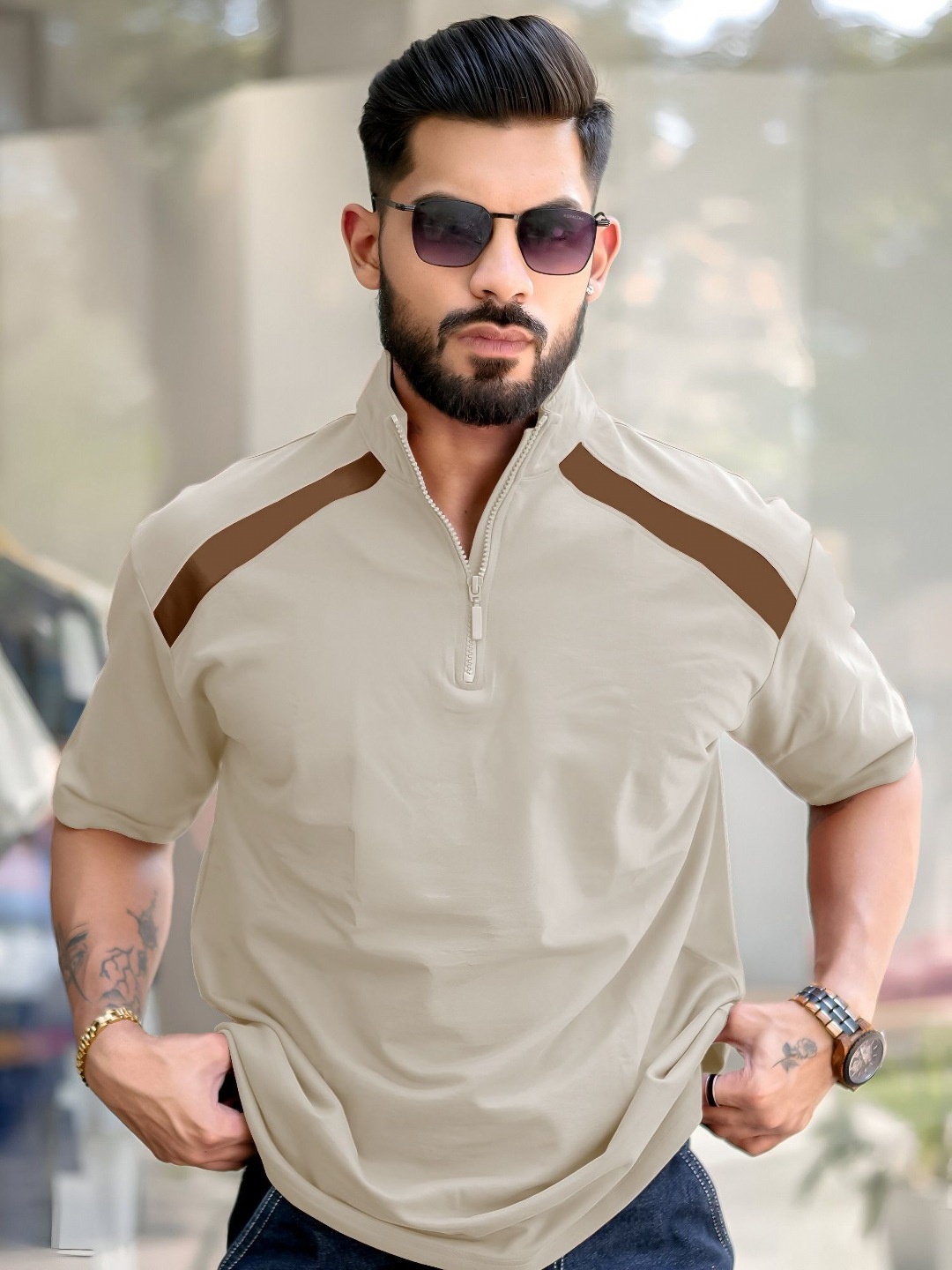 

Maniac Men Henley Neck Pockets T-shirt, Beige