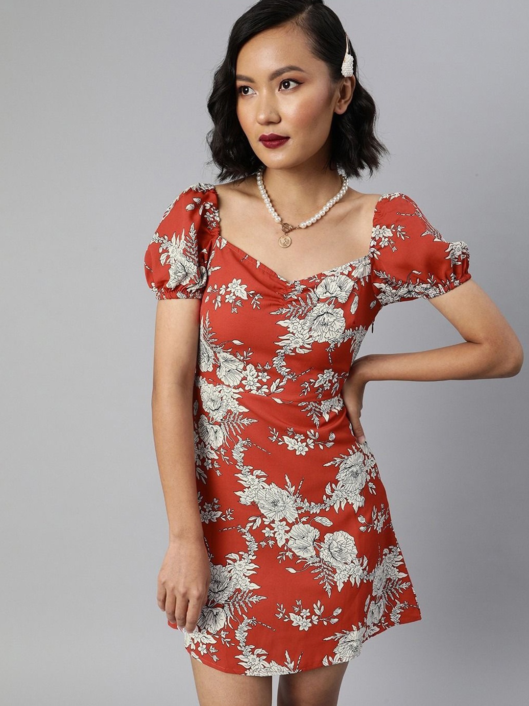 

Sera Floral Printed Puff Sleeve A-Line Dress, Red