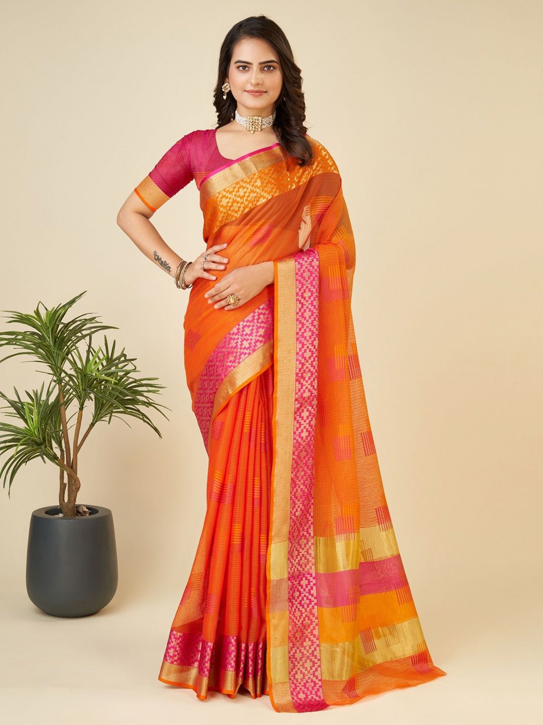 

SHOBHA SAREES Embellished Zari Silk Cotton Kota Saree, Orange