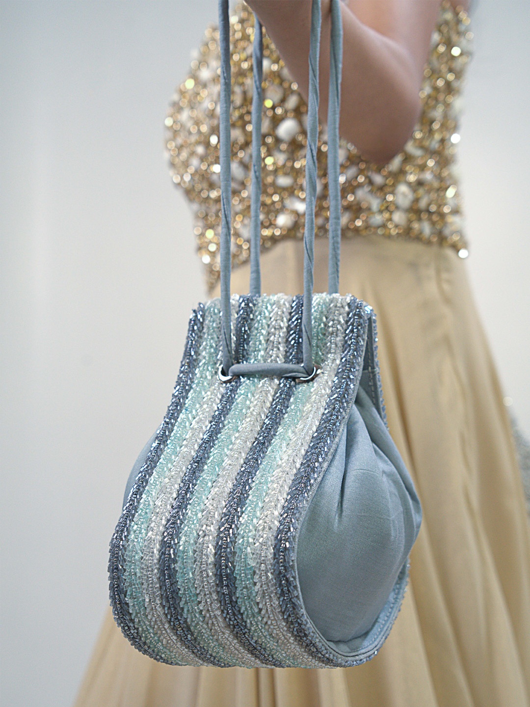 

D'oro Embellished Structured Handheld Bag with Tasselled, Grey