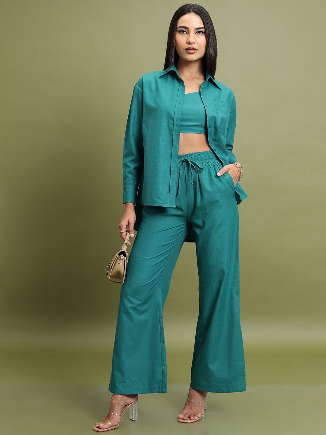 

Tokyo Talkies Crop Top With Shirt & Trousers Co-Ords, Teal