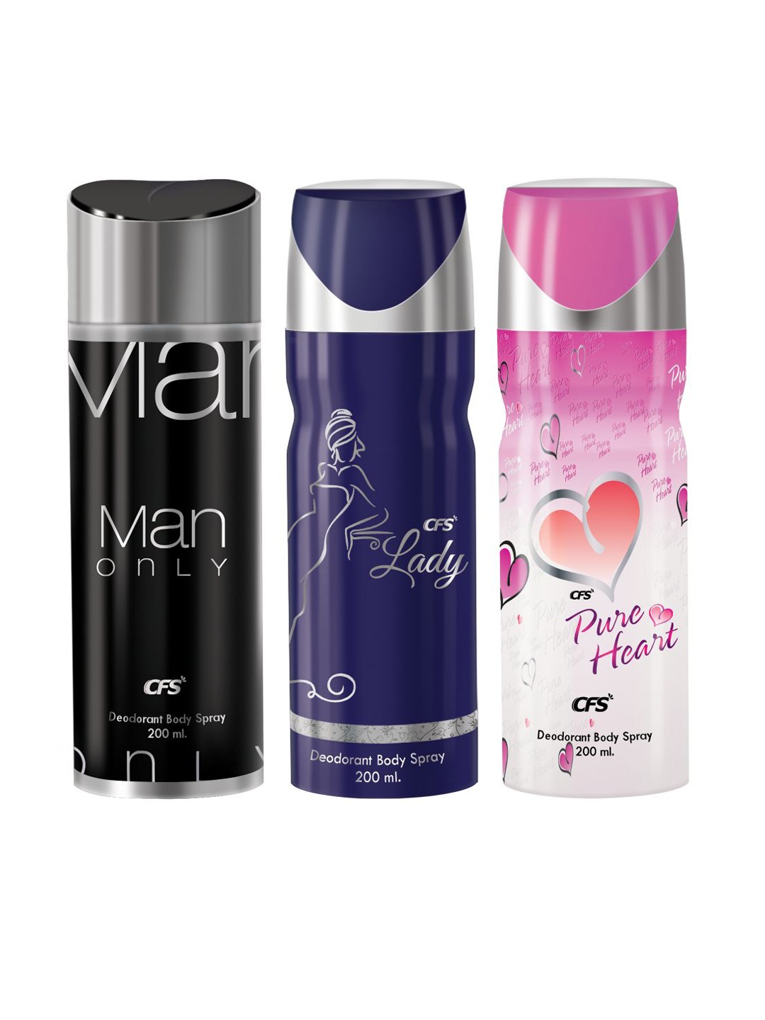 

CFS 3Pcs Deodorants Body Spray - Pure Heart + Man Only + Lady - 200ml Each, Blue