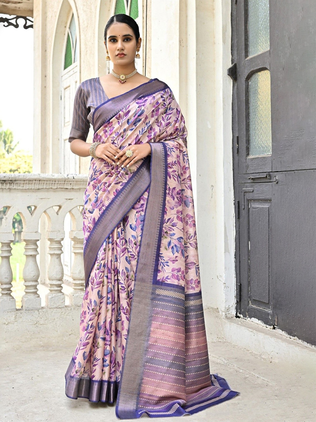 

MySilkLove Floral Zari Tussar Saree, Purple