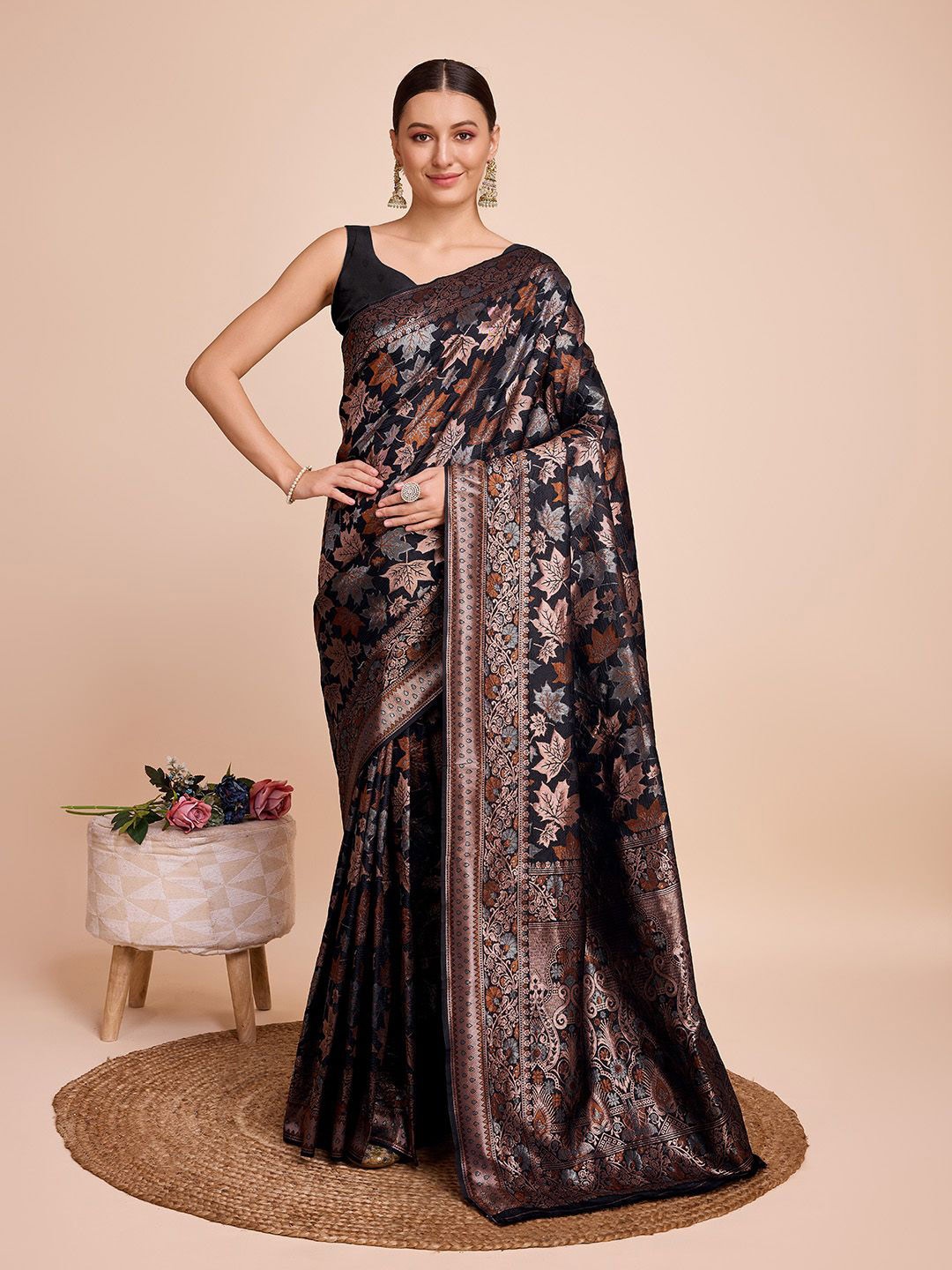 

SHOBHA SAREES Ethnic Motifs Zari Pure Silk Saree, Black