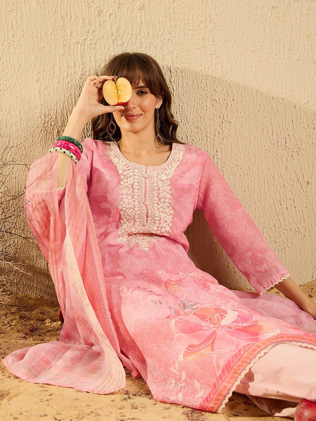 

Indo Era Women Ethnic Motifs Embroidered Regular Chikankari Kurta with Trousers & With Dupatta, Pink